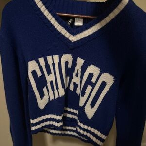 Divided Blue and White V-Neck Sweater